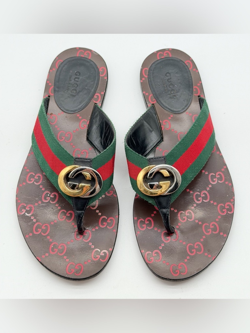 Gucci Kika GG Web Stripe Thong Sandals Black Red Flip Flop Flats EU 38 US 8 - Picture 2 of 10